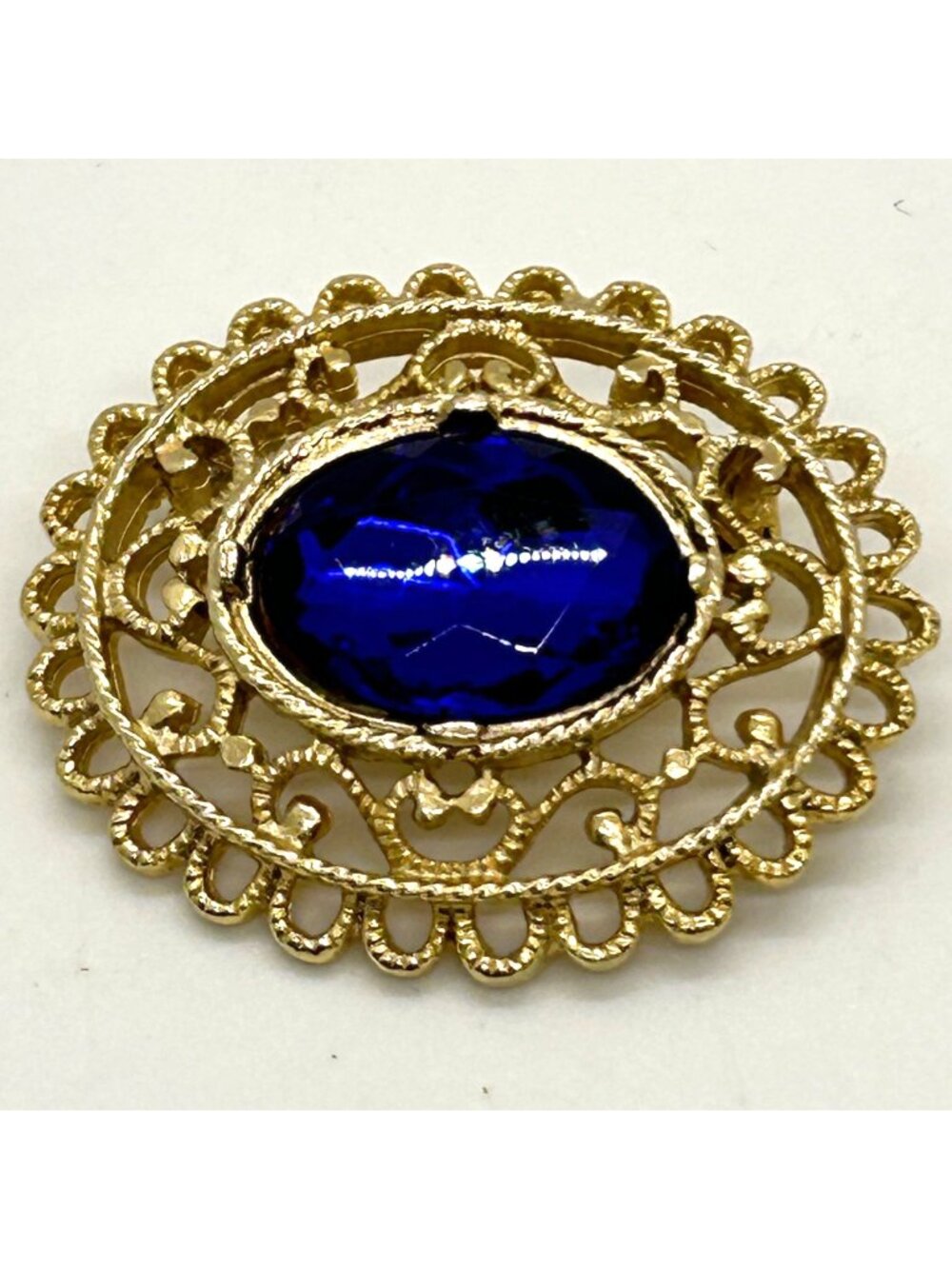 Vintage Cobalt Blue Brooch Pin Acrylic Gold Tone Filigree Oval Statement